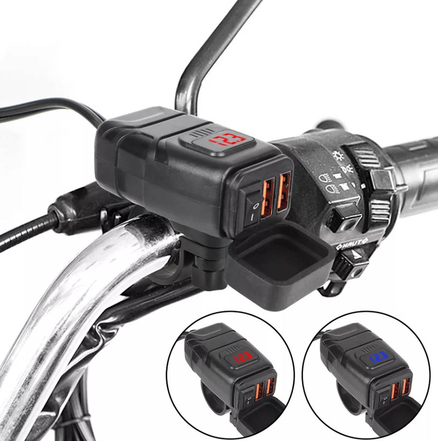 Зарядное устройство QC3.0 (2 USB-порта) для мотоцикла и скутера (на руль)